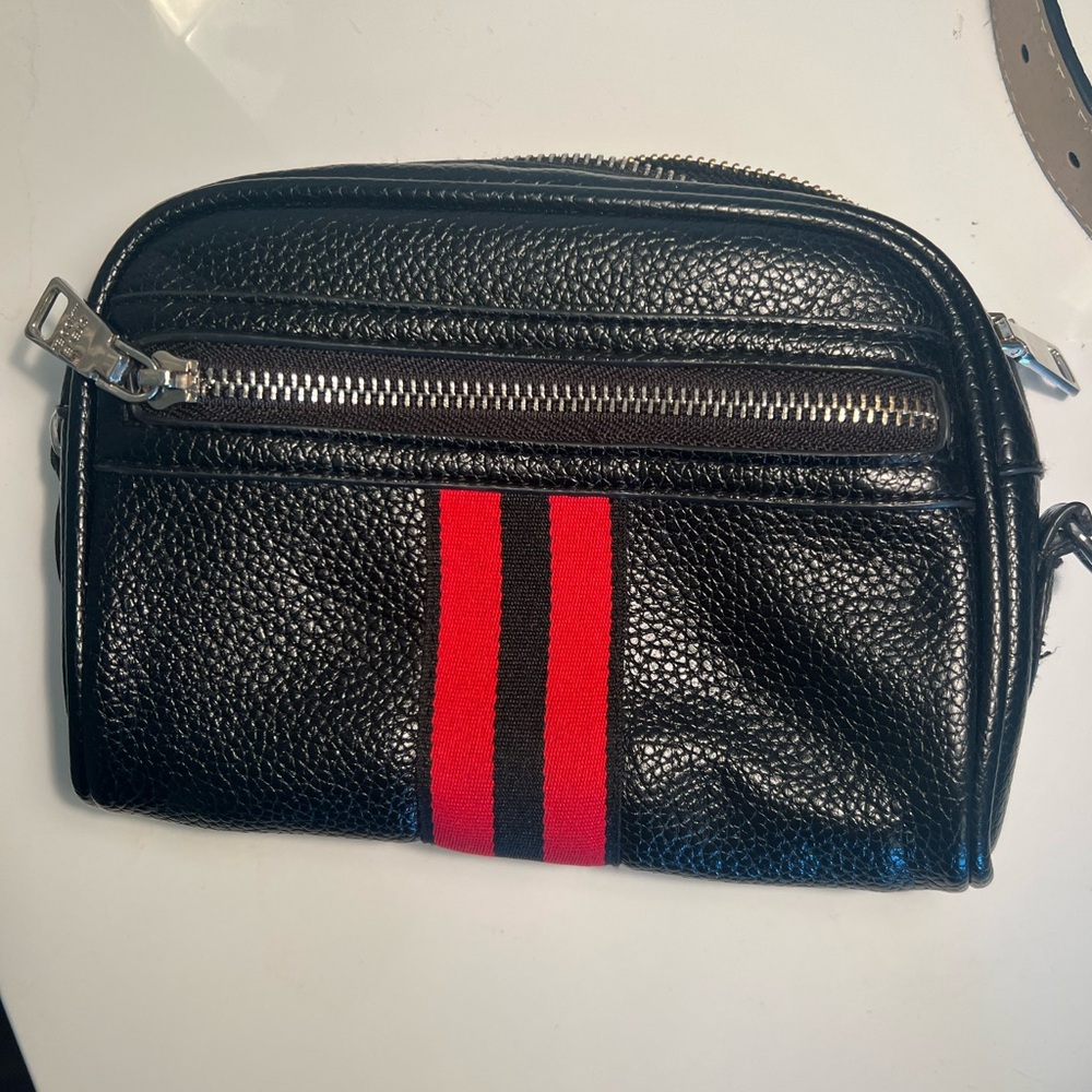 Black Leather Crossbody Bag with Red Stripe